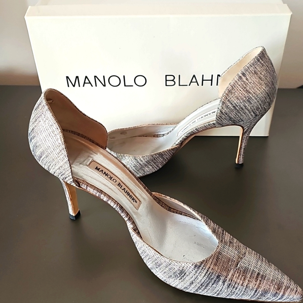 EUC silver black vintage Manolo Blahnik Chisiomod Gala D'orsay sz 39.5 90mm